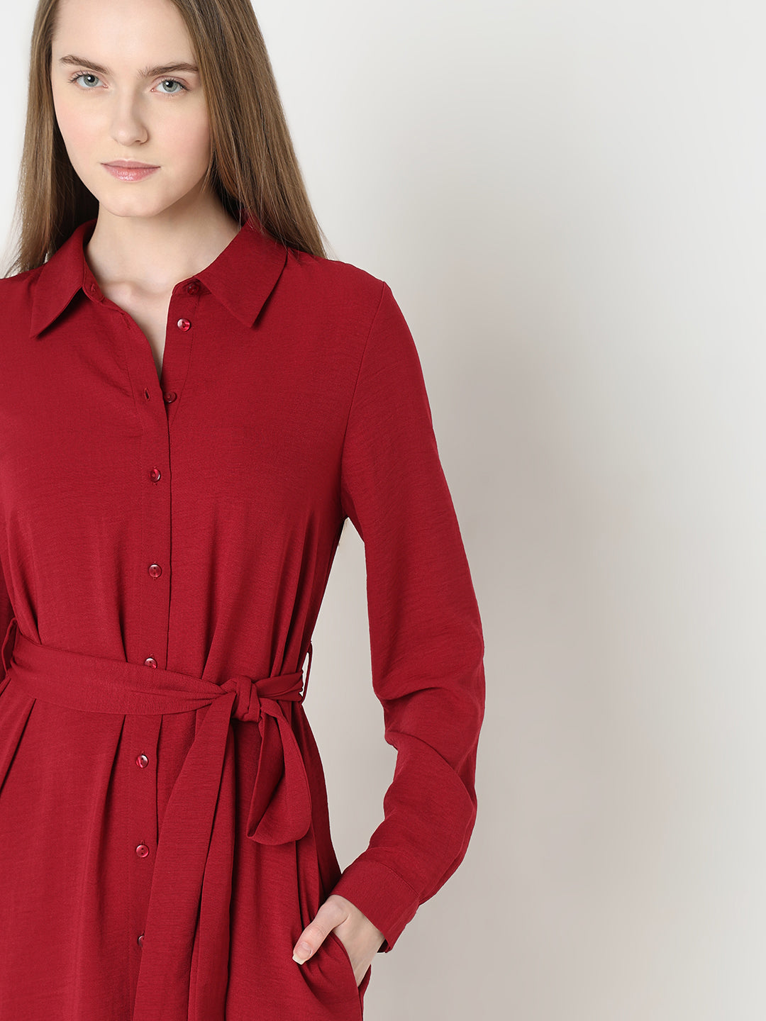 Women's Red Midi Shirt Dress