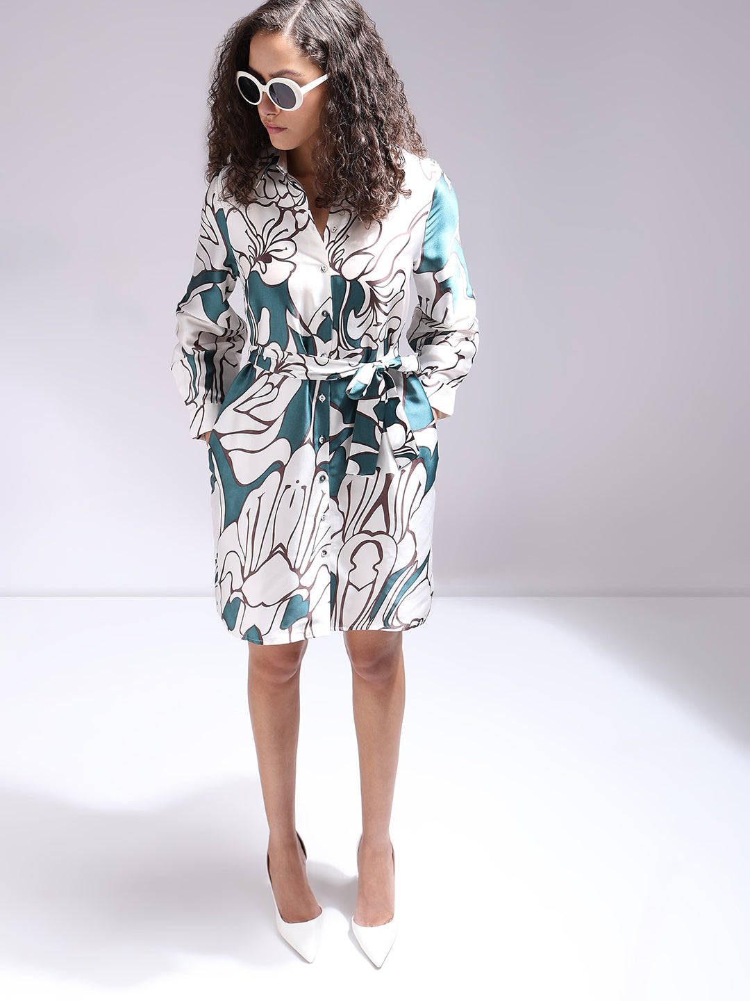 Women's White Printed Shirt Dress