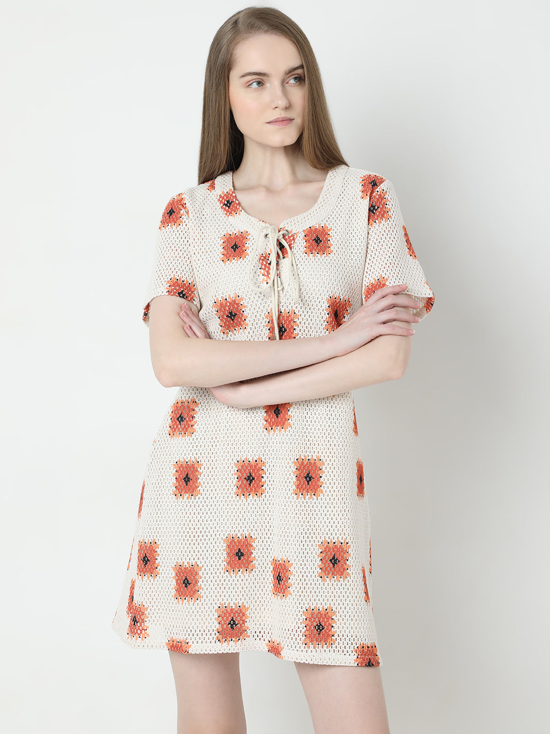 Women's Beige Printed Crochet Dress