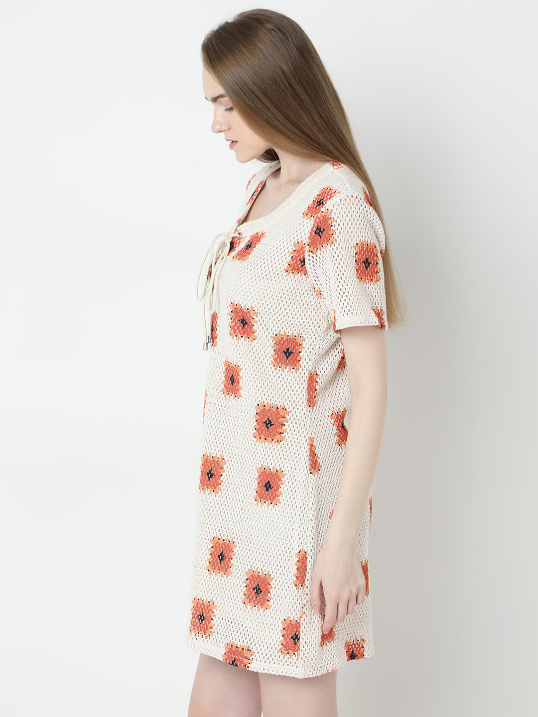 Women's Beige Printed Crochet Dress