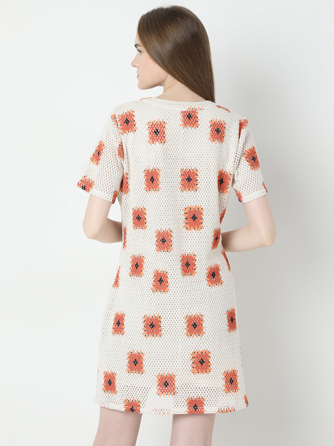 Women's Beige Printed Crochet Dress