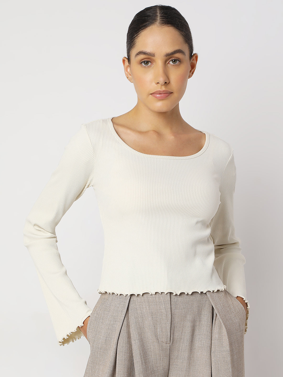 Women's White Ribbed Knitted Top