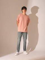 Men's Peach Casual Solid Half Sleeves Tshirt