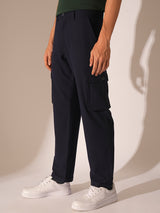 Men's Blue Casual Solid Mid Rise Cargo