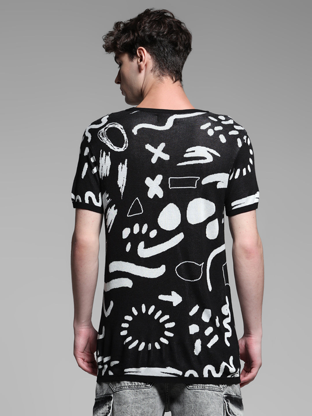 Men's Black Casual Regular Fit Printed Half Sleeves Pullover Sweater