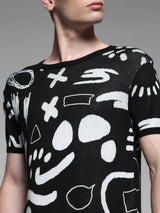 Men's Black Casual Regular Fit Printed Half Sleeves Pullover Sweater