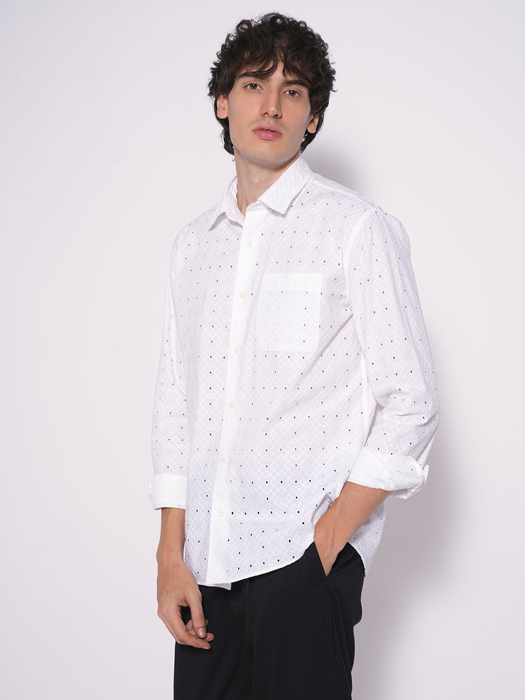 Men's White Casual  Full Sleeves Shirt