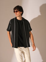Men's Black Casual Striped Half Sleeves Shirt