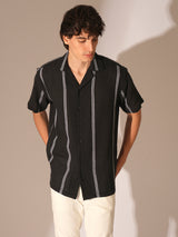 Men's Black Casual Striped Half Sleeves Shirt