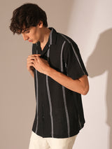 Men's Black Casual Striped Half Sleeves Shirt