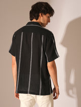 Men's Black Casual Striped Half Sleeves Shirt