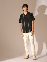 Men's Black Casual Striped Half Sleeves Shirt