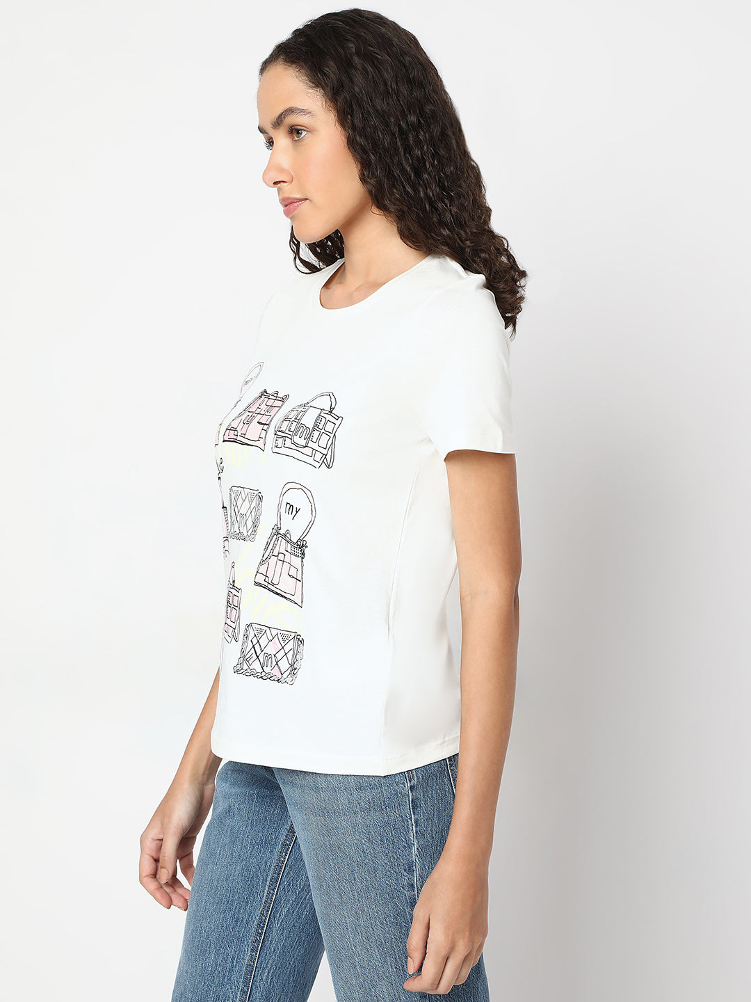 Women's White Graphic Print Cotton T-Shirt