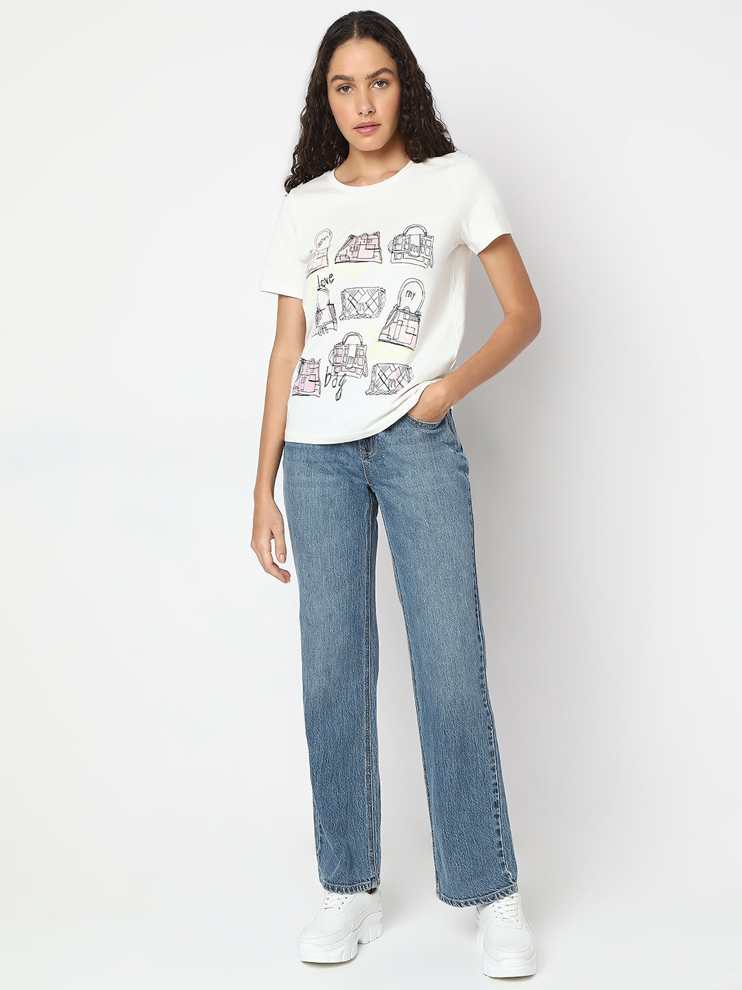 Women's White Graphic Print Cotton T-Shirt