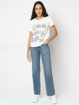 Women's White Graphic Print Cotton T-Shirt