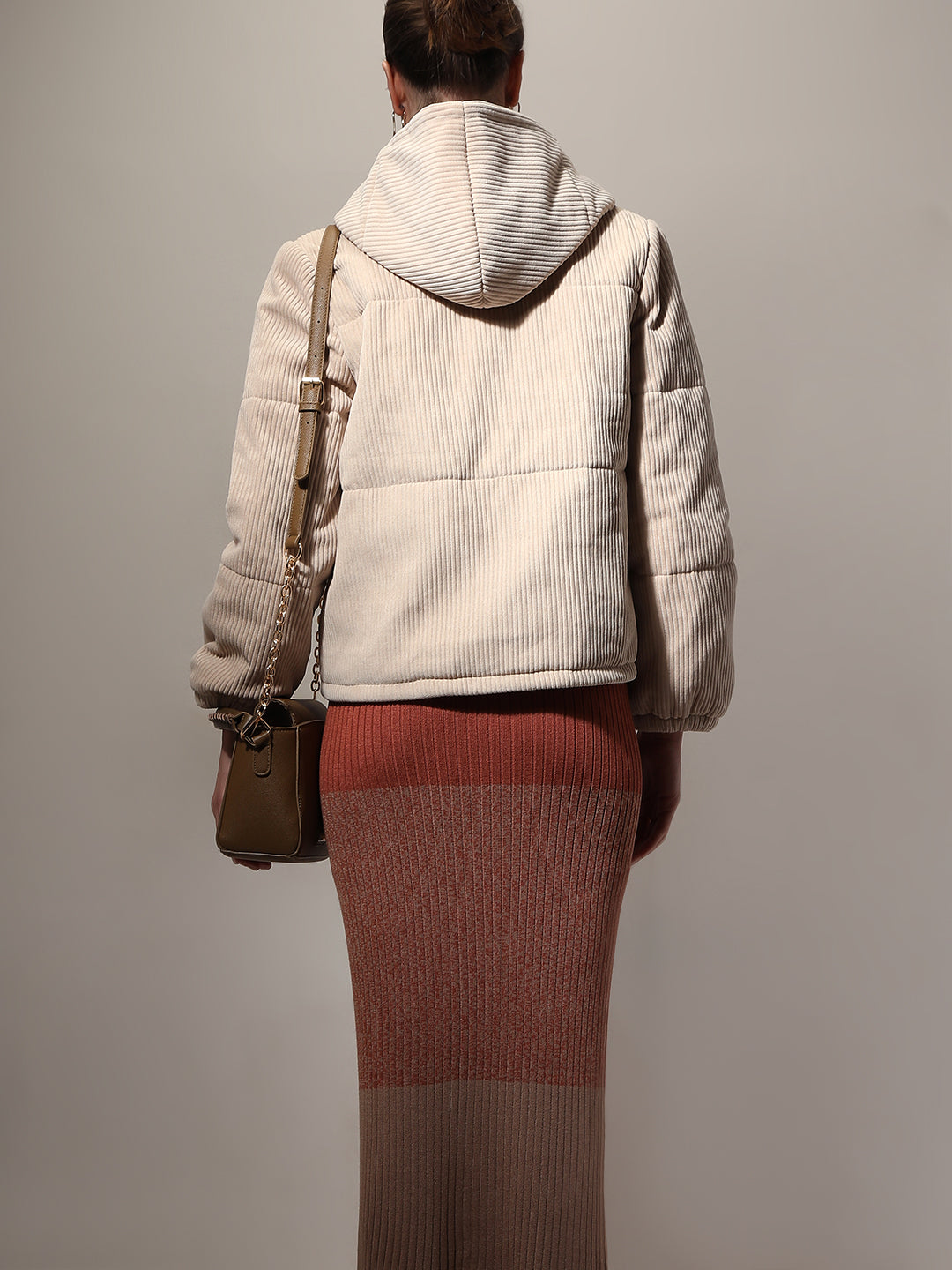 Women's Beige Corduroy Hooded Jacket