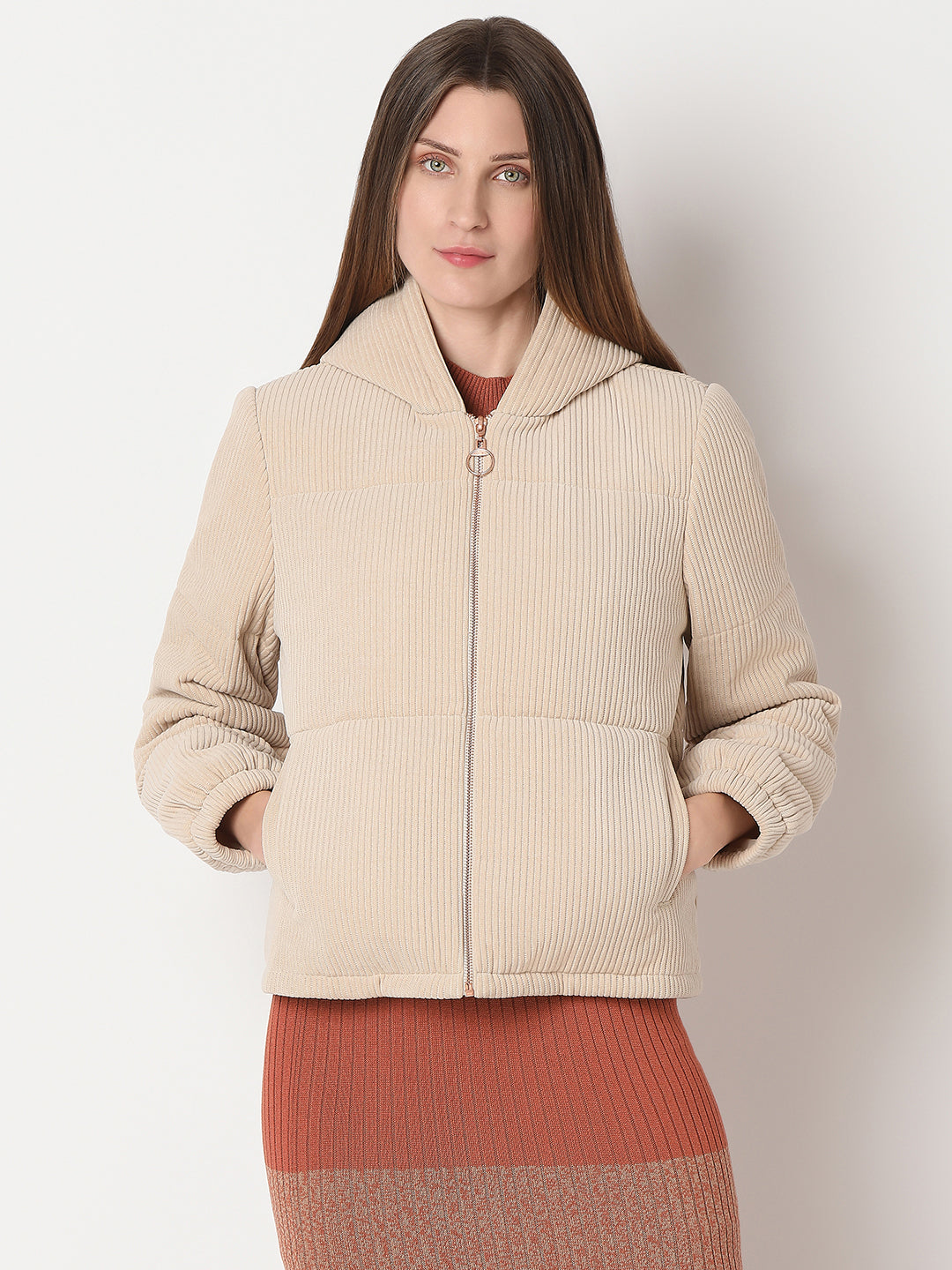 Women's Beige Corduroy Hooded Jacket