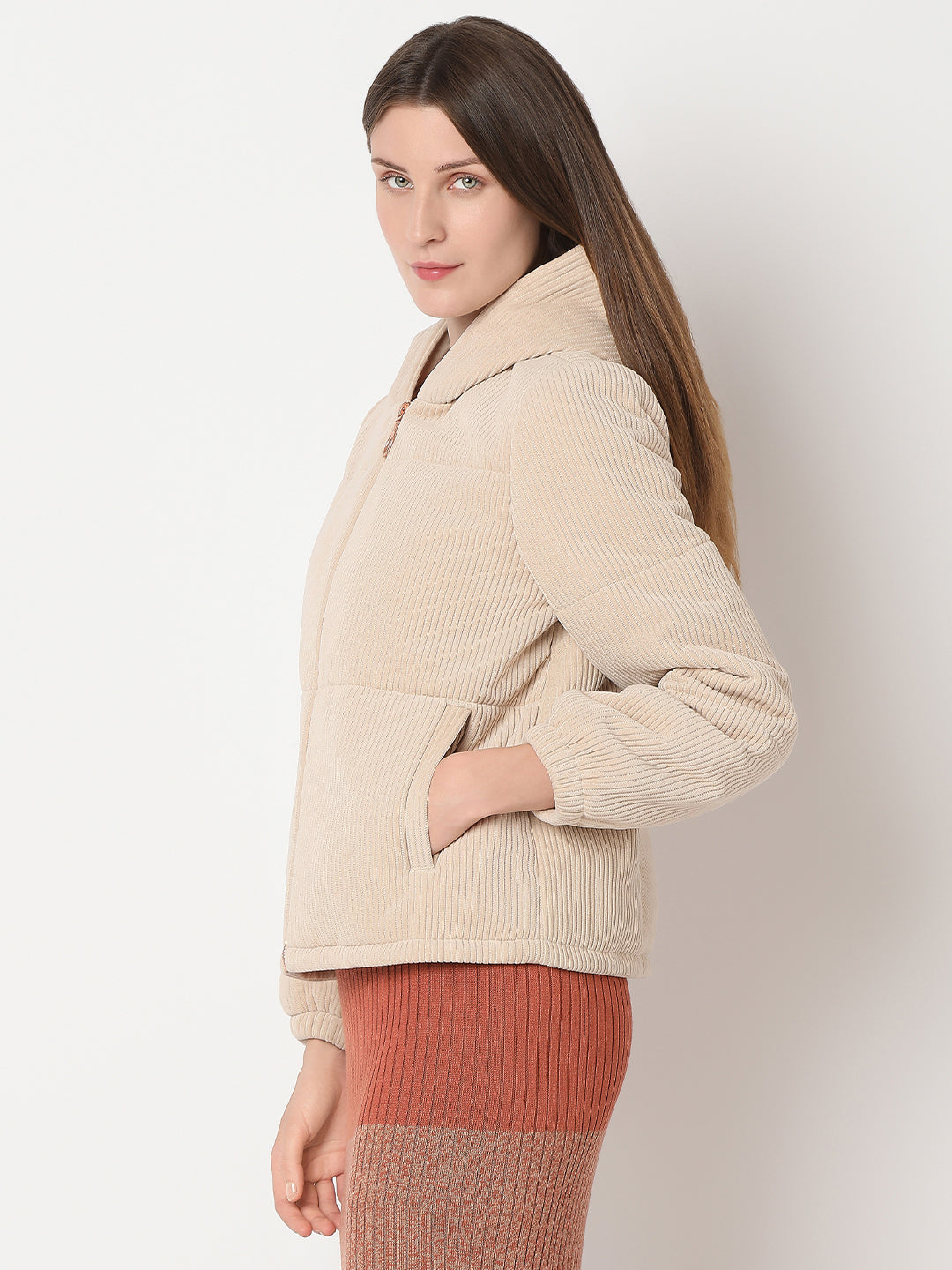 Women's Beige Corduroy Hooded Jacket