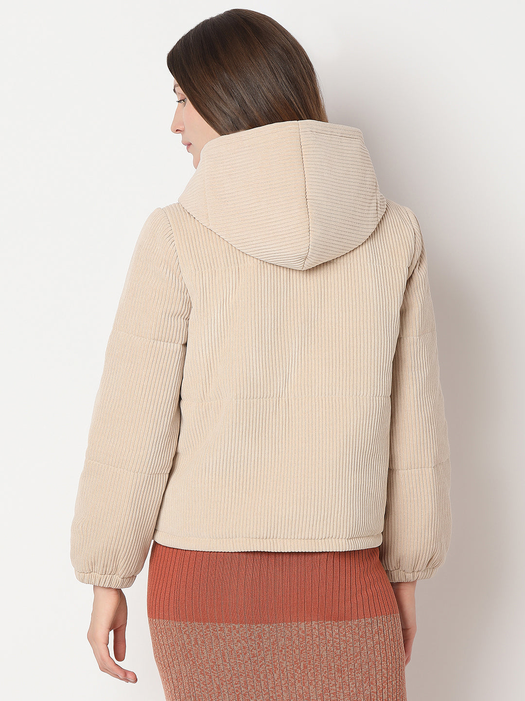 Women's Beige Corduroy Hooded Jacket