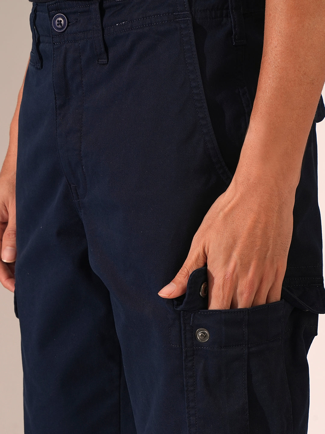 Men's Navy Casual Regular Fit Solid Cargo