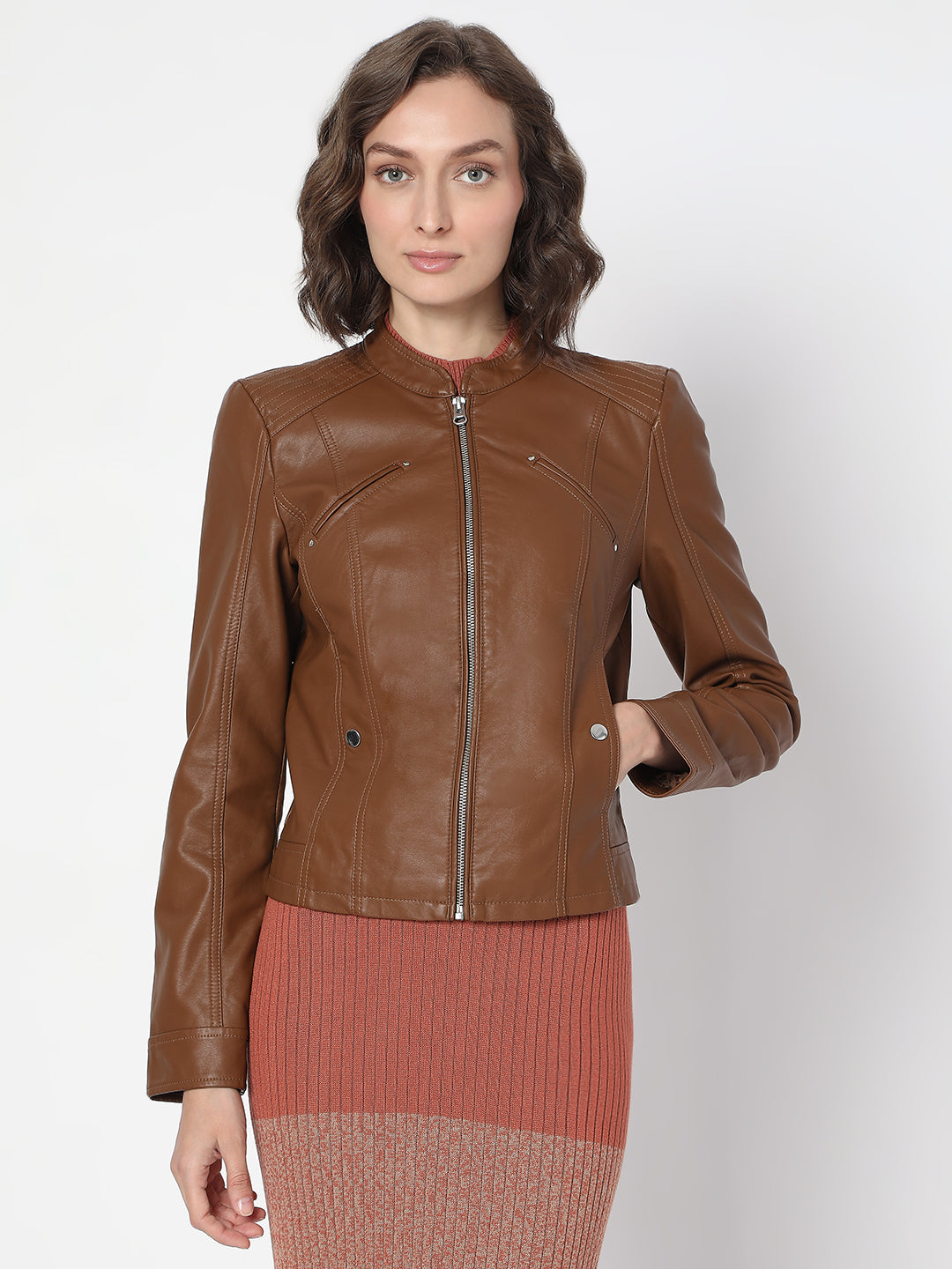 Women's Dark Brown Coated Biker Jacket