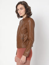 Women's Dark Brown Coated Biker Jacket