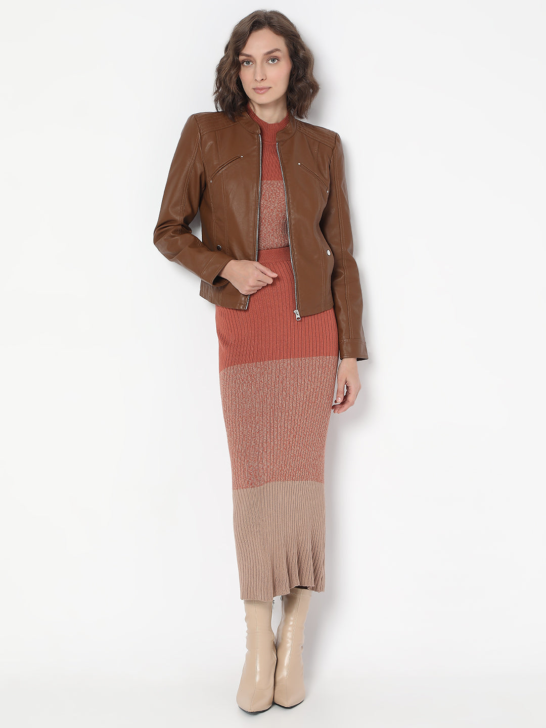 Women's Dark Brown Coated Biker Jacket