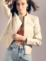 Women's Beige Coated Biker Jacket