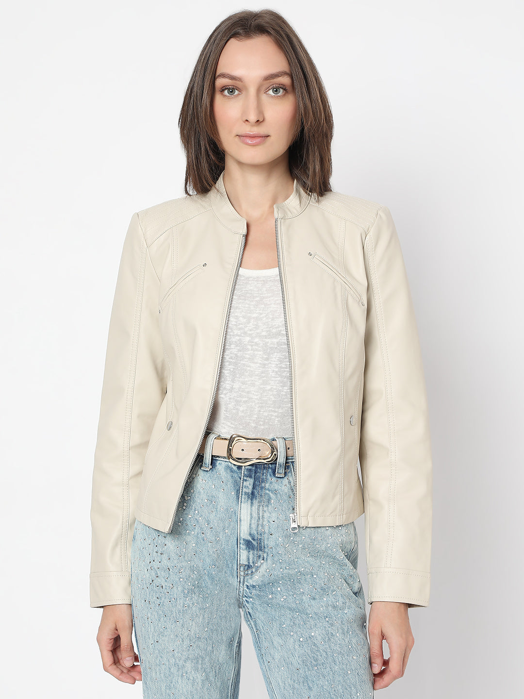 Women's Beige Coated Biker Jacket