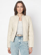 Women's Beige Coated Biker Jacket