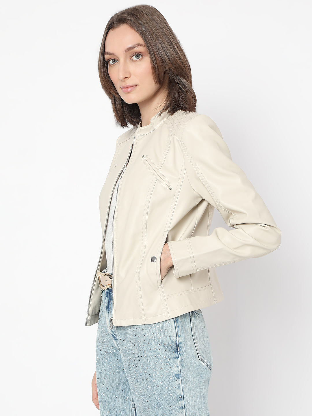 Women's Beige Coated Biker Jacket
