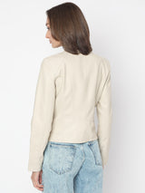 Women's Beige Coated Biker Jacket