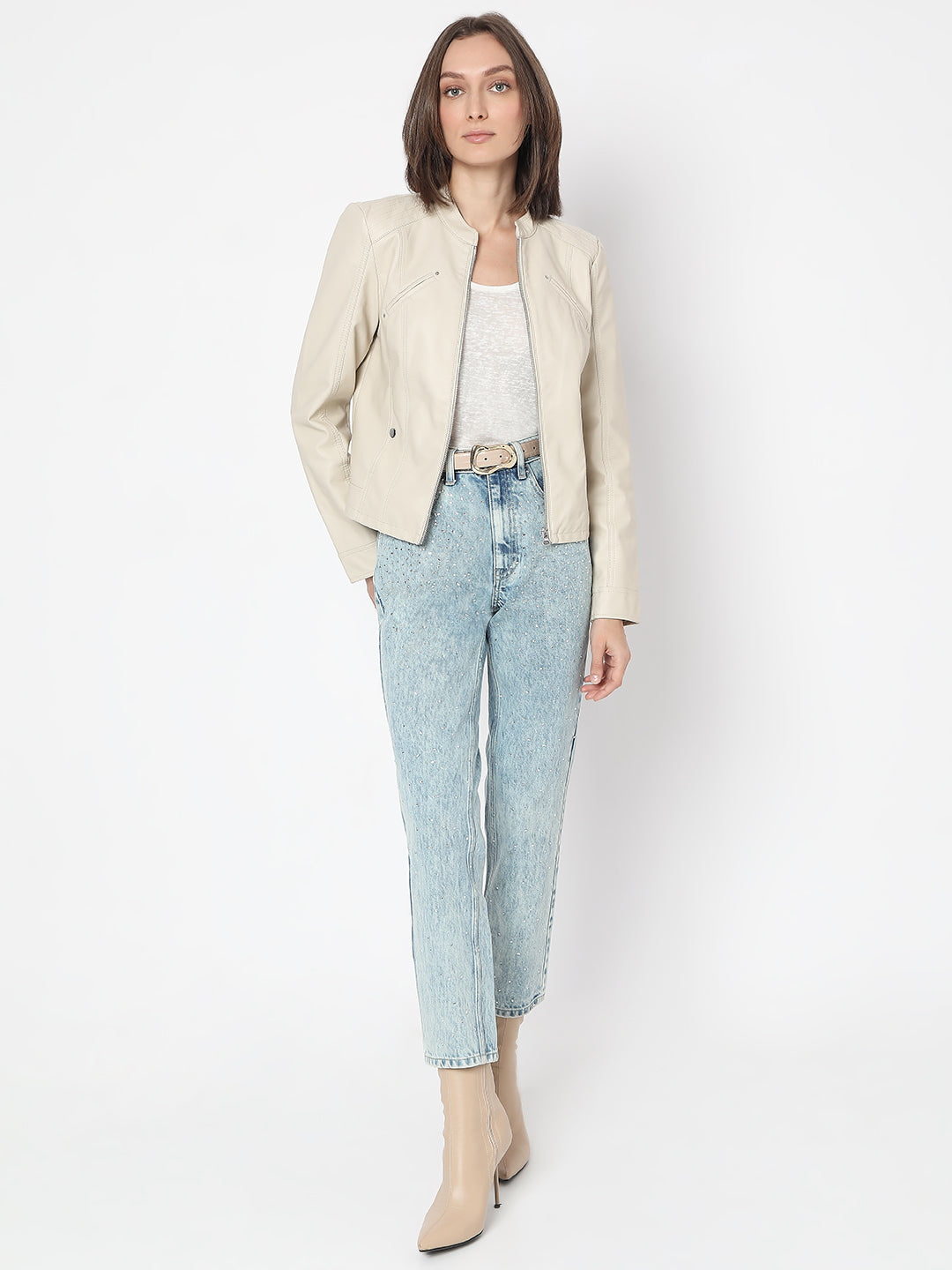 Women's Beige Coated Biker Jacket