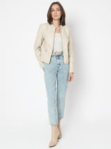 Women's Beige Coated Biker Jacket