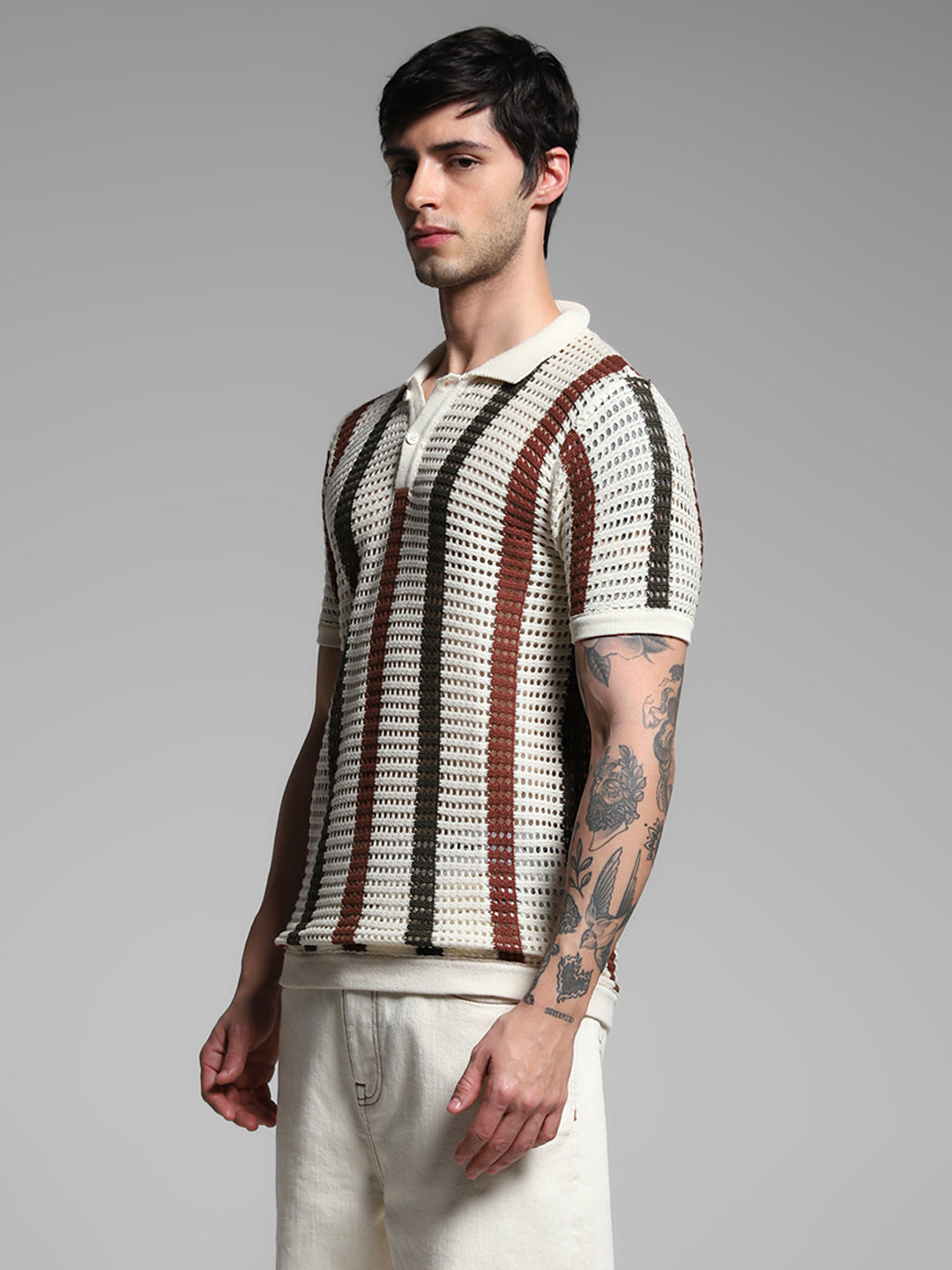 Men's Multicolor Casual Regular Fit Striped Half Sleeves Polo Tshirt