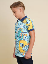Boys Blue Printed Casual Polo Tshirt