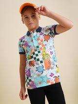 Boys Blue Printed Casual Polo Tshirt