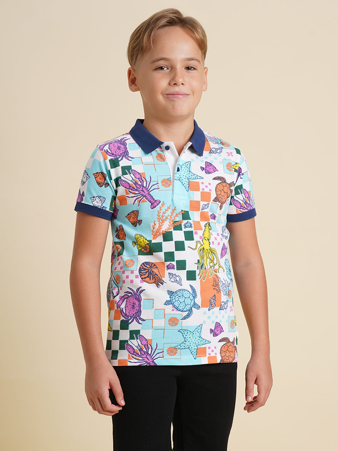 Boys Blue Printed Casual Polo Tshirt