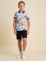 Boys Blue Printed Casual Polo Tshirt
