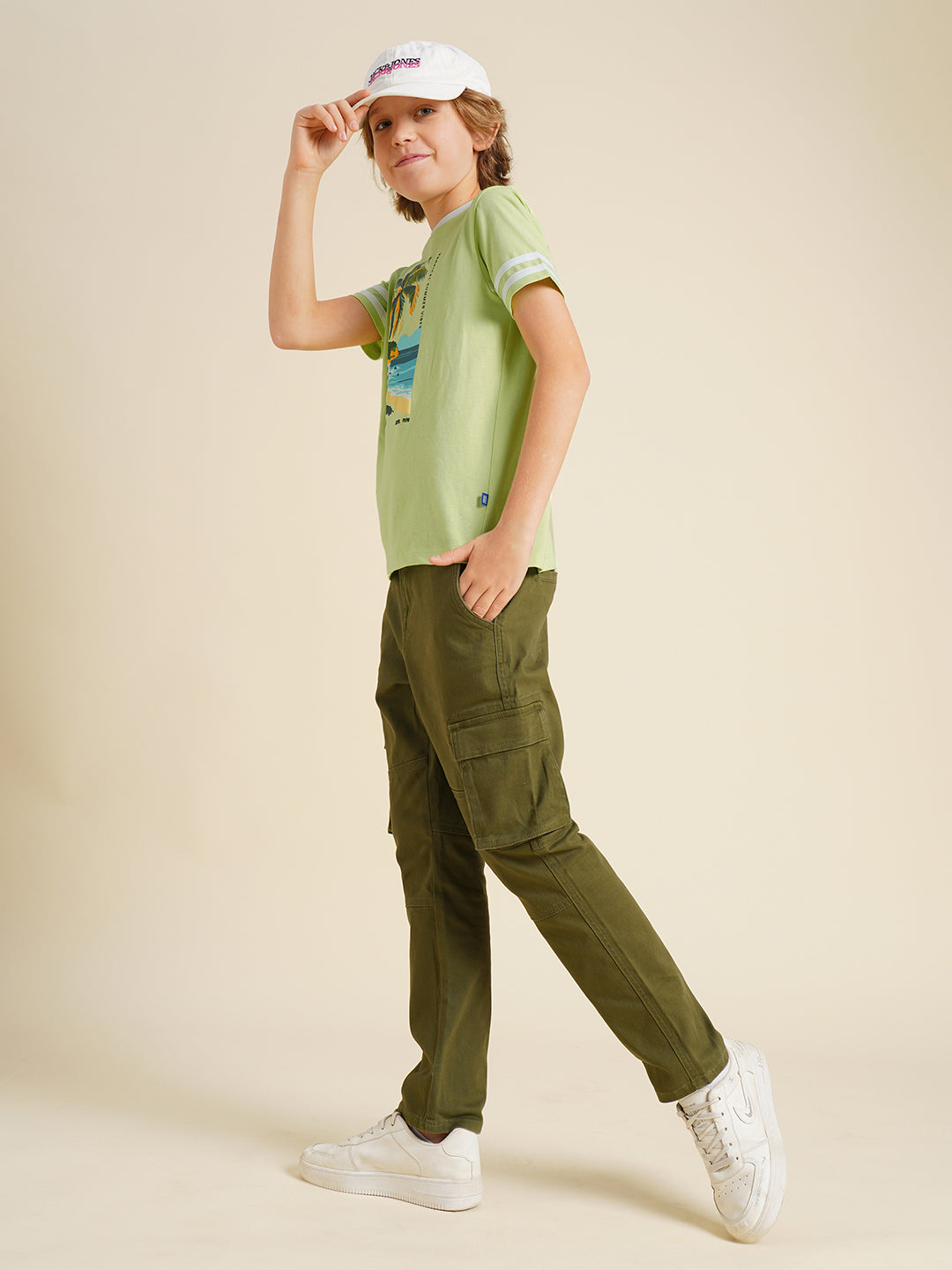 Boys Green Printed Regular Fit Casual Tshirt