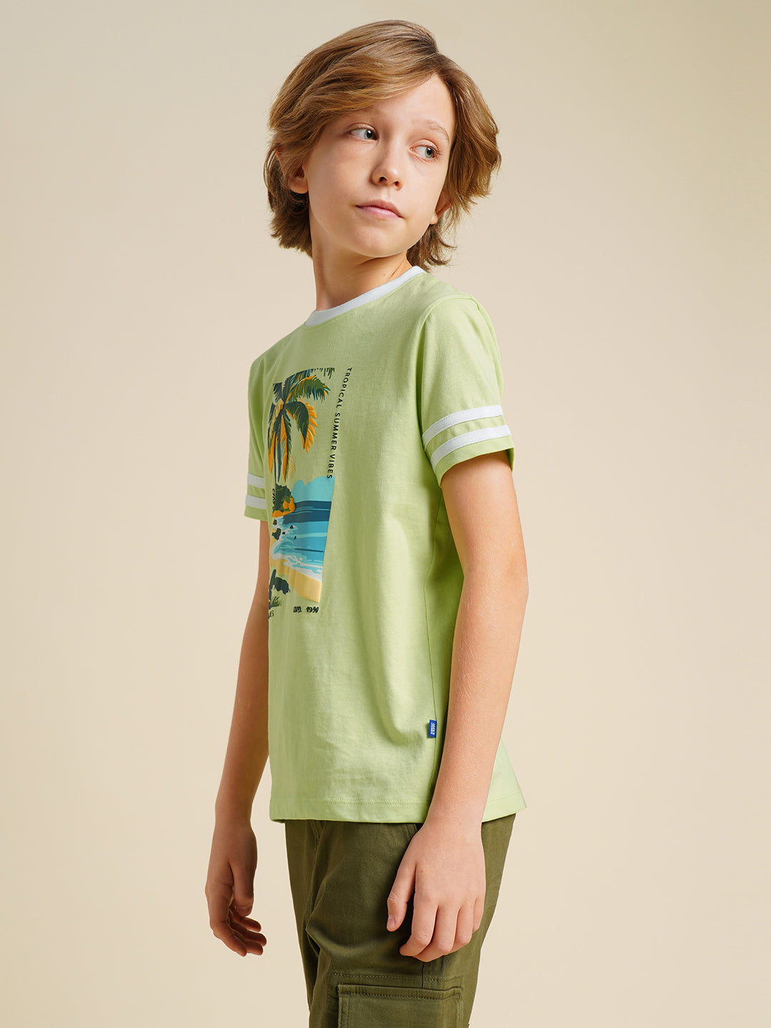 Boys Green Printed Regular Fit Casual Tshirt