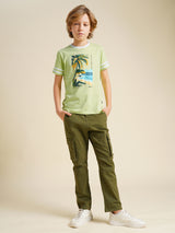 Boys Green Printed Regular Fit Casual Tshirt