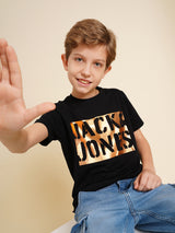 Boys Black Printed Regular Fit Casual Tshirt