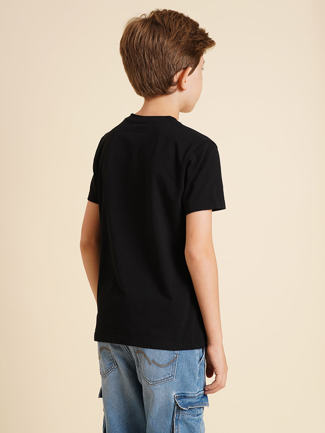 Boys Black Printed Regular Fit Casual Tshirt