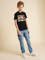 Boys Black Printed Regular Fit Casual Tshirt