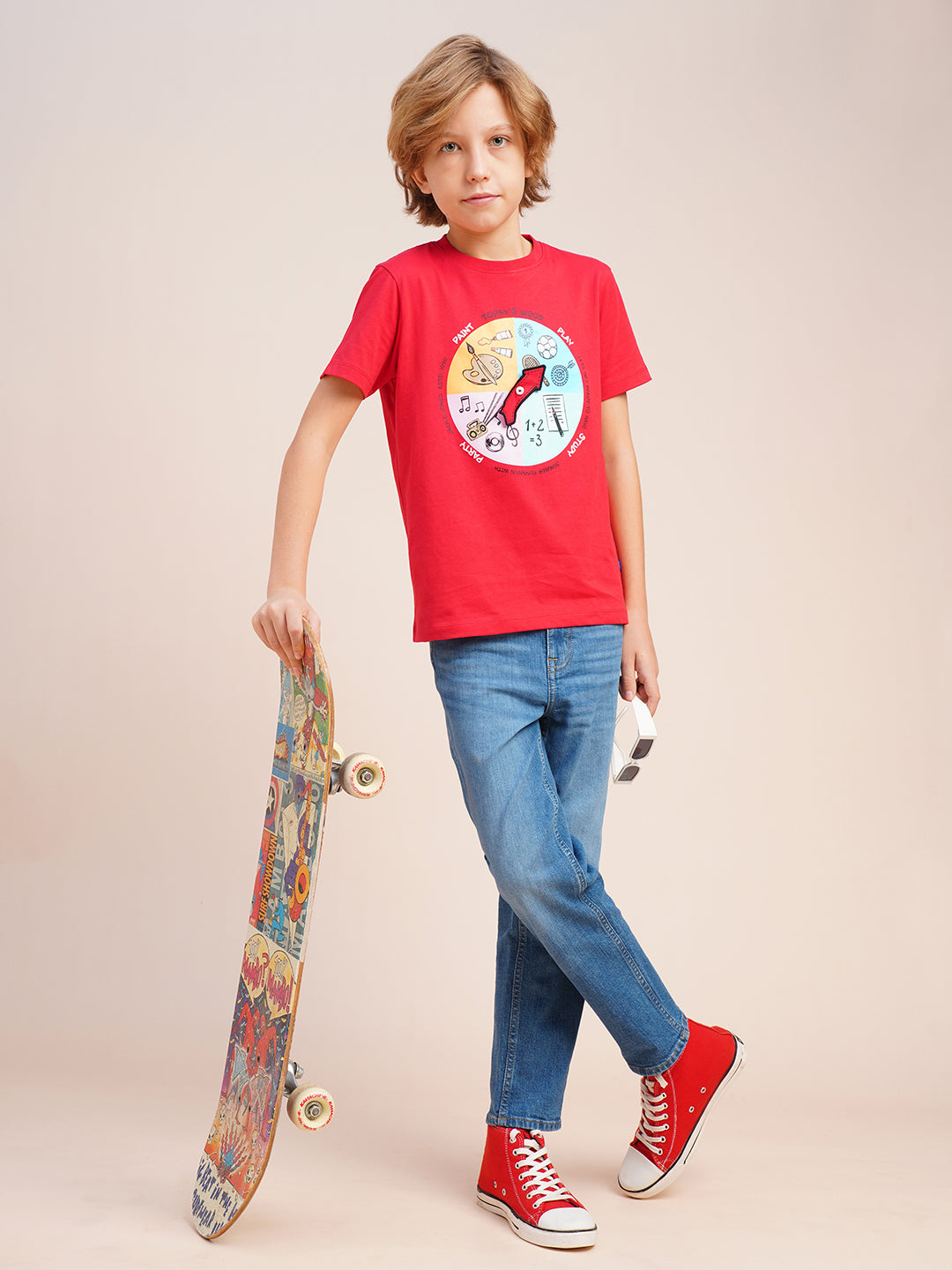Boys Red Printed Regular Fit Casual Tshirt