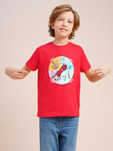 Boys Red Printed Regular Fit Casual Tshirt
