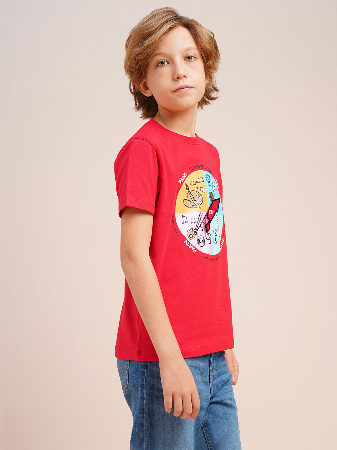 Boys Red Printed Regular Fit Casual Tshirt