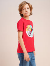 Boys Red Printed Regular Fit Casual Tshirt