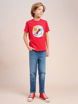 Boys Red Printed Regular Fit Casual Tshirt